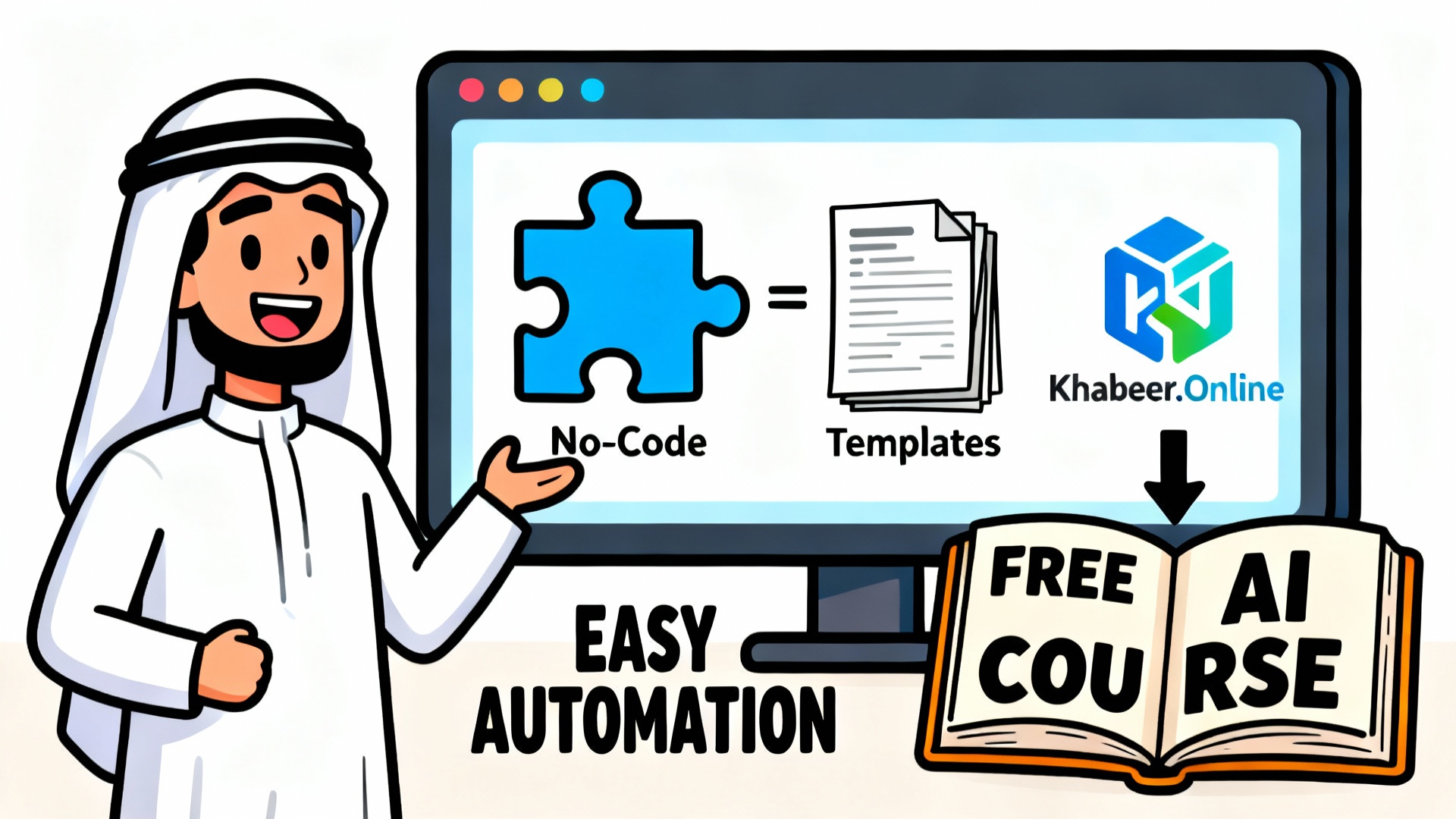 تعلم الأتمتة بسهولة مع No-Code خبير اونلاين رسم توضيحي لرجل عربي مبتسم بجانب شاشة رقمية تظهر أيقونات No-Code وقوالب جاهزة مع شعار Khabeer.Online
